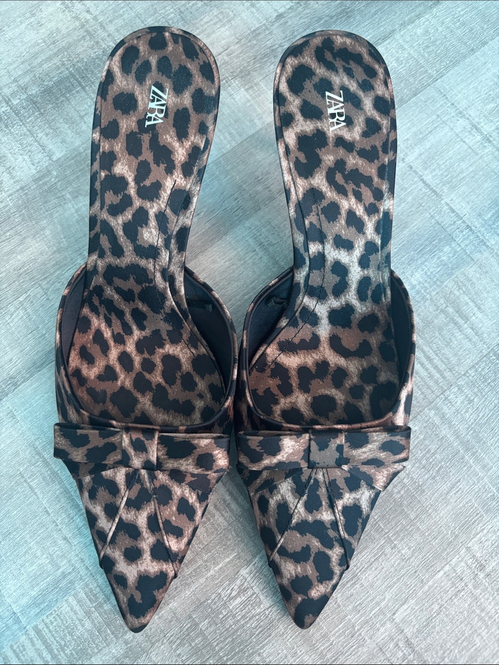 ZARA Leopard-Print Pointed Bow Mule Slides in Brown and Black